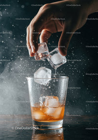 Hand Adding Ice Cubes to Whisky Glass with Splash