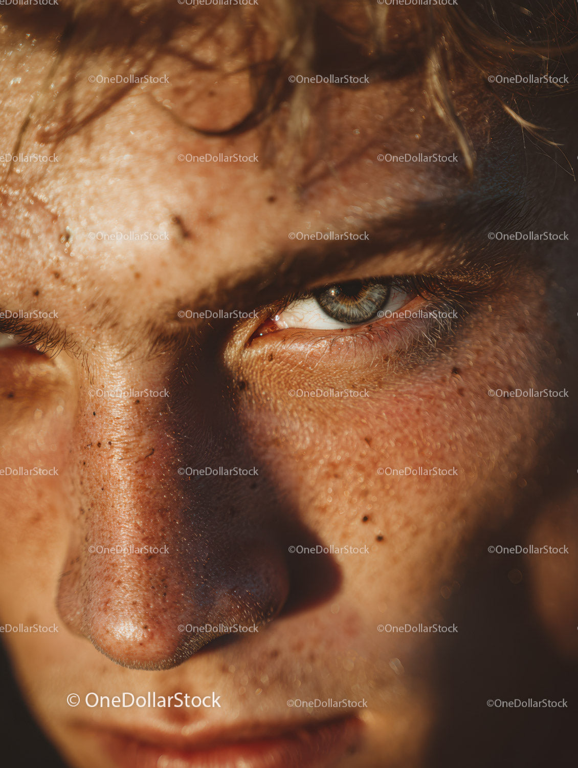 Portret osoby z piegami i intensywnym spojrzeniem