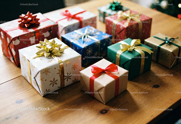 Assorted Christmas Gifts Wrapped with Colorful Ribbons