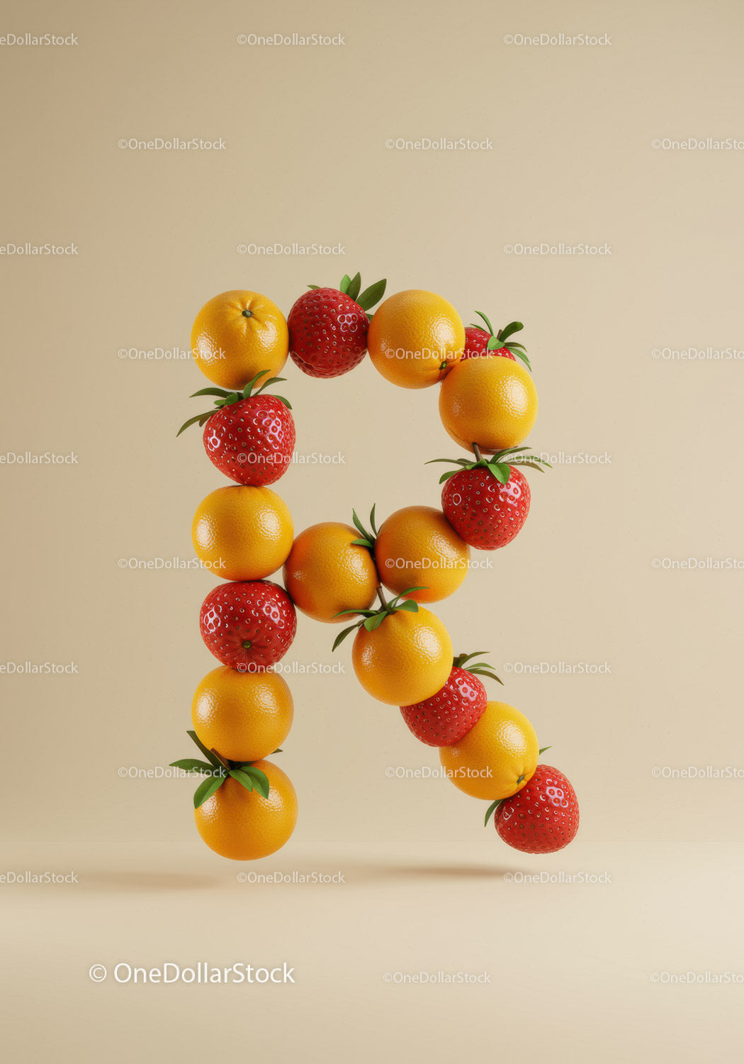 Creative letter R made of fresh strawberries and oranges