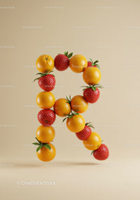 Creative letter R made of fresh strawberries and oranges