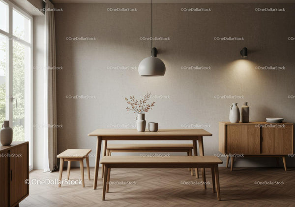 Minimalist dining area with wooden benches and soft lighting