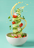 Fresh cucumber spiral salad with cherry tomatoes splash