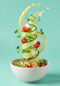 Fresh cucumber spiral salad with cherry tomatoes splash