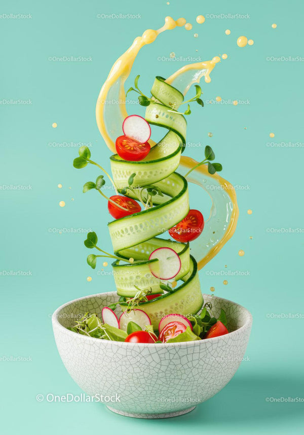 Fresh cucumber spiral salad with cherry tomatoes splash