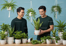 Two men enjoying indoor gardening with various houseplants