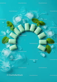 Mint Gum Pieces with Ice and Fresh Leaves on Blue