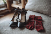Chic Black Heels and a Red Lace Dress in a Cozy Bedroom Setting