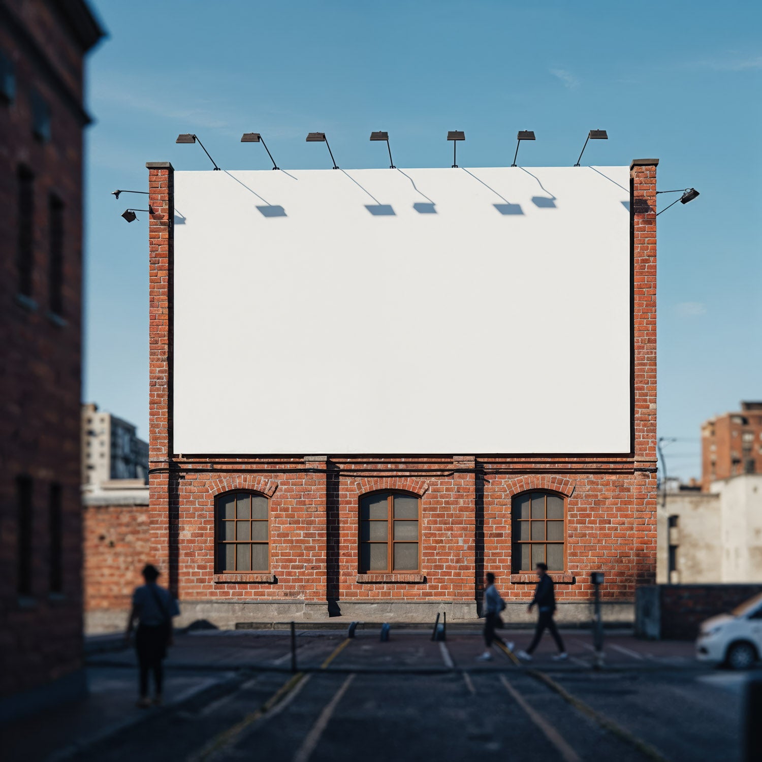 Pusty billboard na ceglanym budynku na miejskiej ulicy
