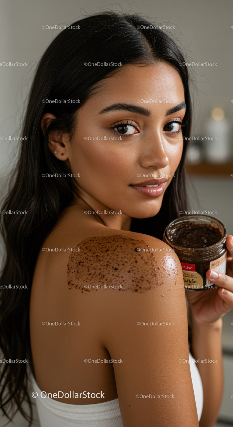 Młoda kobieta nakładająca peeling na ramiona w celu odżywienia skóry