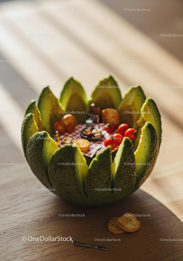 Miniature Picnic Scene Inside Carved Avocado Bowl