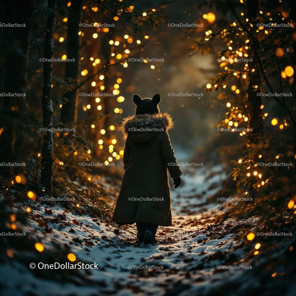 Child walking through snowy forest with warm lights