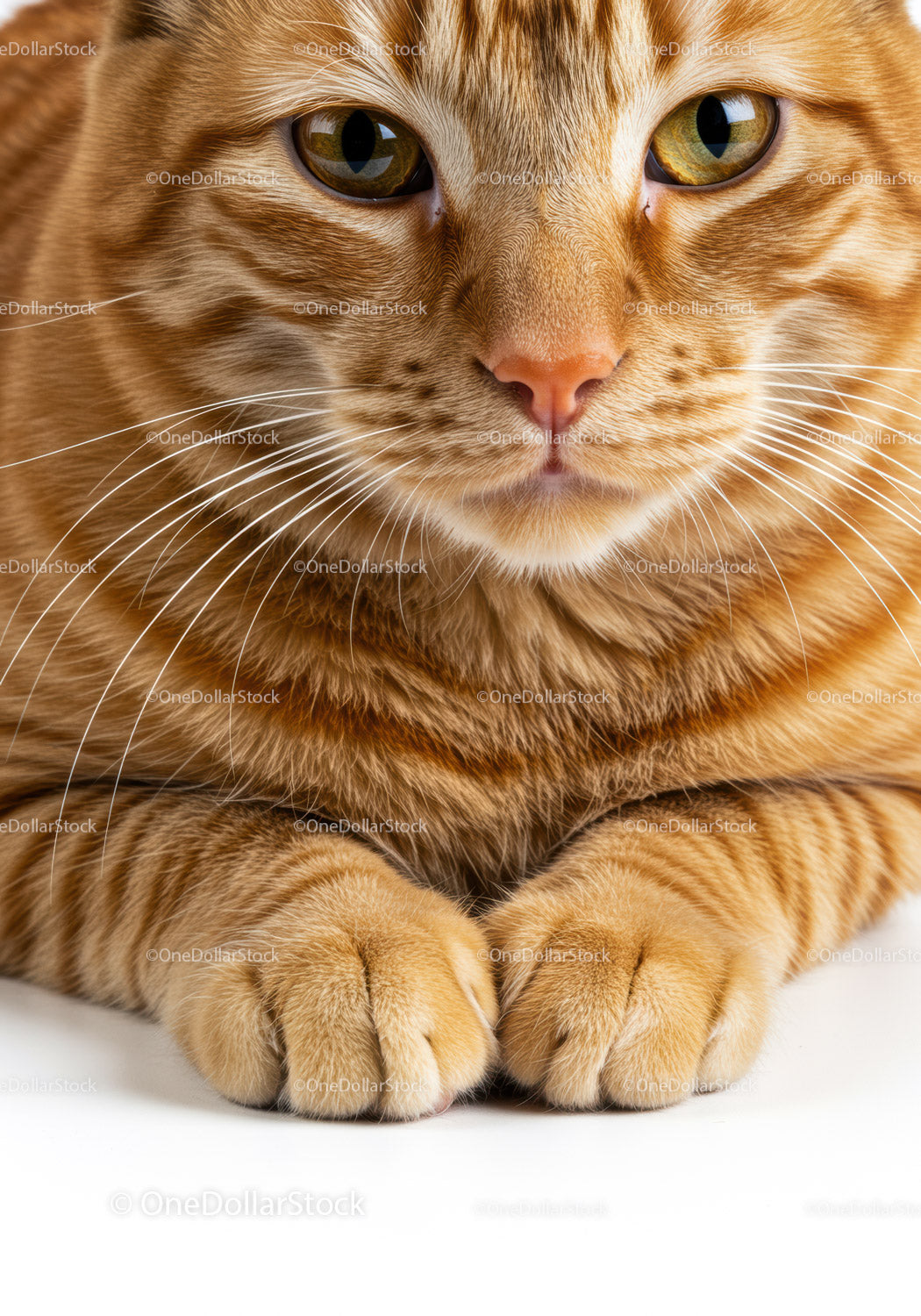 Closeup of ginger tabby cat resting with paws together