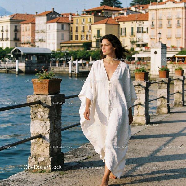 Woman in Flowing White Dress Walking by Lakeside