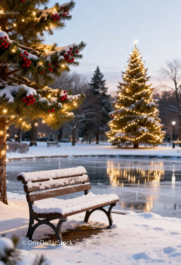 Snow-covered park bench near lit Christmas trees at dusk