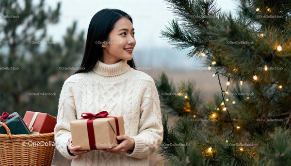 Young woman holding Christmas gift near decorated pine tree