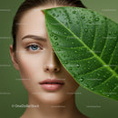 Close-up of Woman with Green Leaf and Dewdrops for Natural Beauty