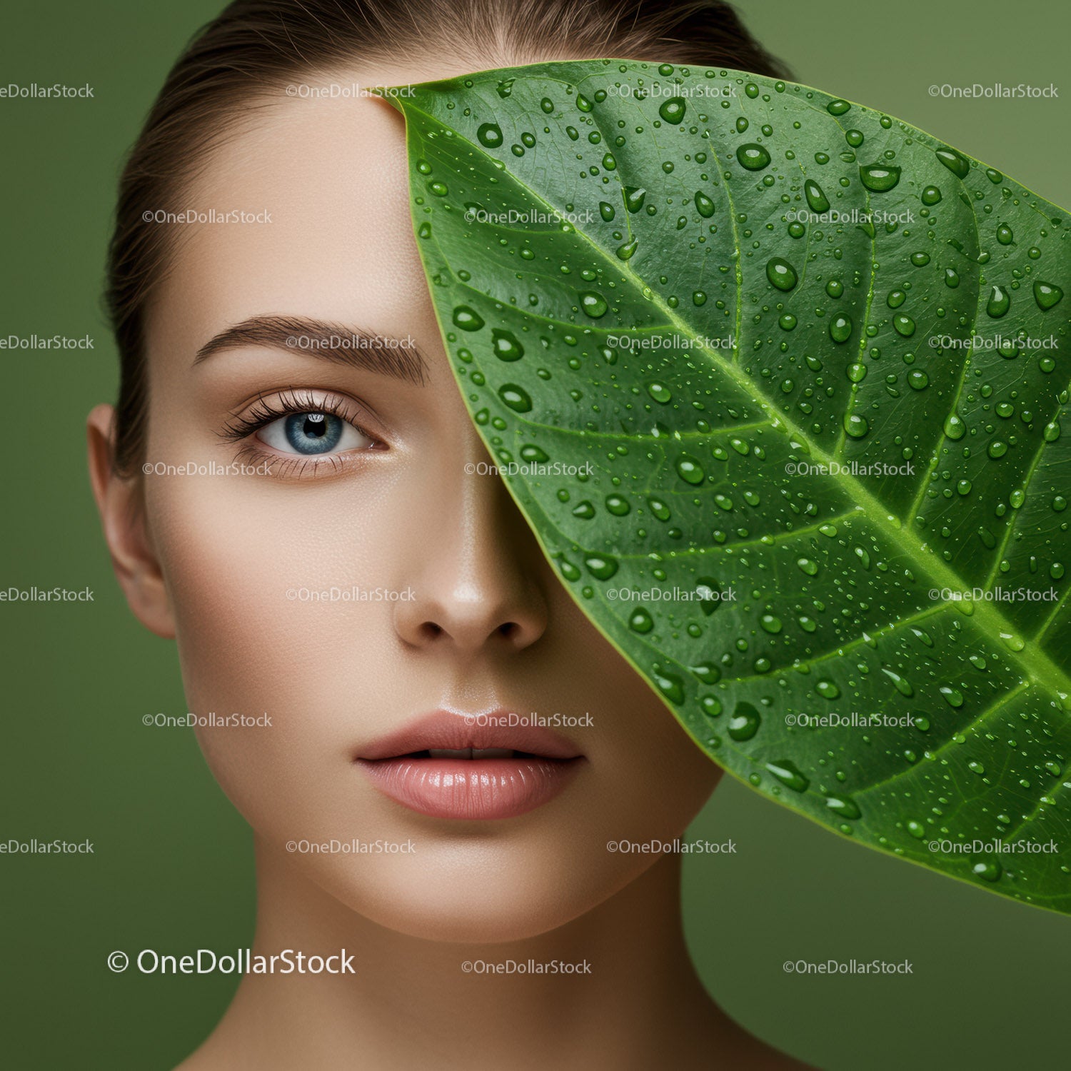 Zbliżenie kobiety z zielonym liściem i kroplami rosy dla naturalnego piękna