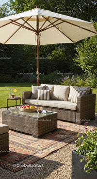 Elegant Outdoor Patio with Wicker Sofa and Large Garden Umbrella