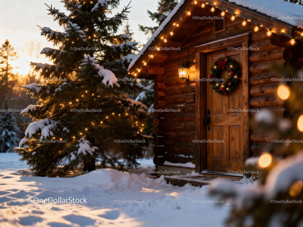 Cozy Winter Cabin with Christmas Lights at Sunset