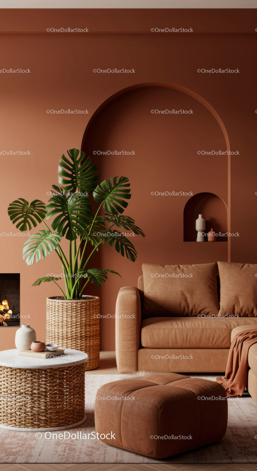 Stylowy salon z brązową sofą i zieloną rośliną Monstera