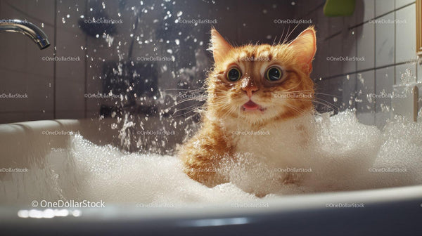 Surprised Orange Kitten In Bubble Bath
