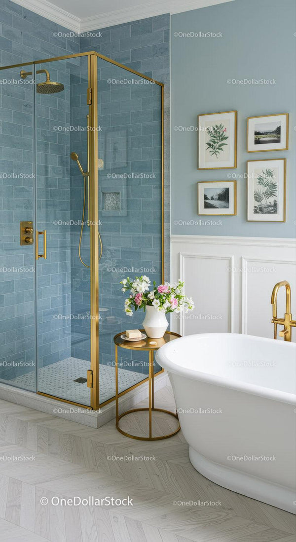 Elegant bathroom with gold accents and blue tile shower