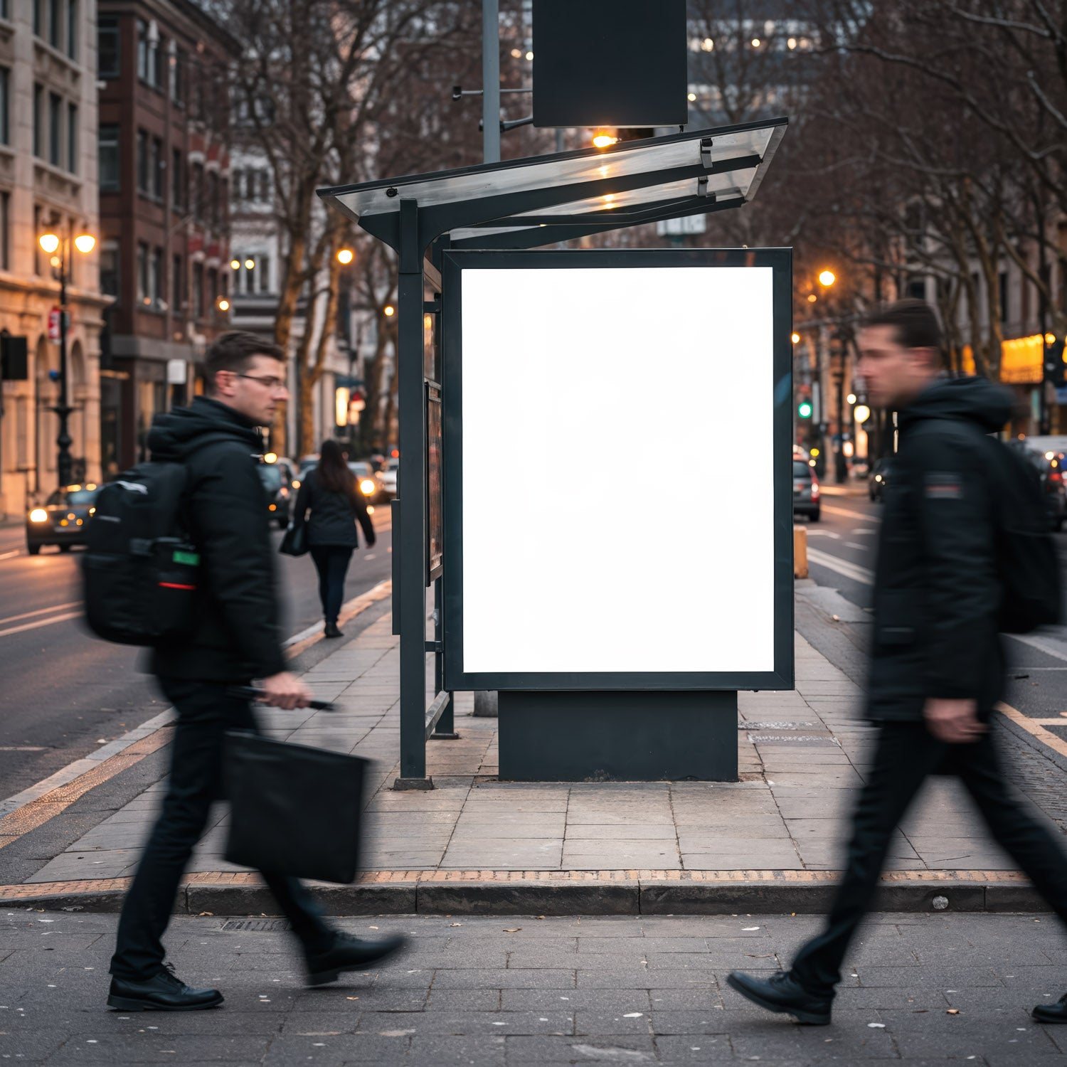 Urban street scene with blank advertising board at dusk