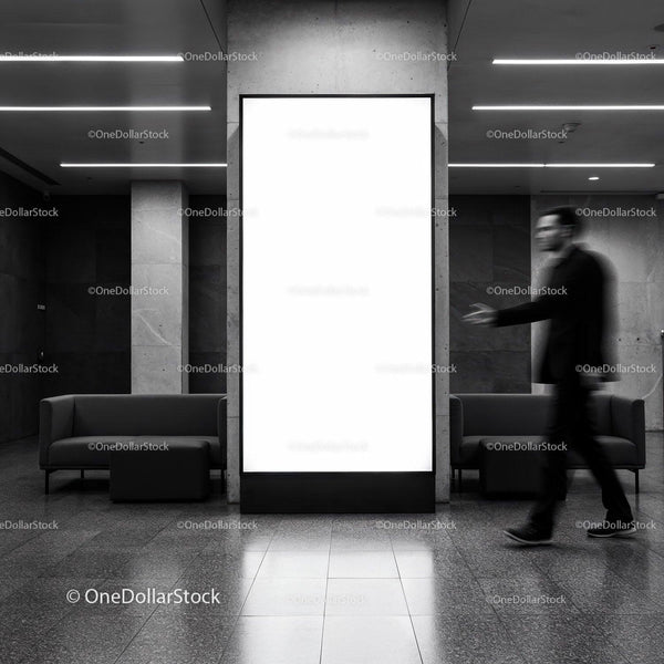 Blurred man walking past blank vertical billboard indoors JPG Mockup Image