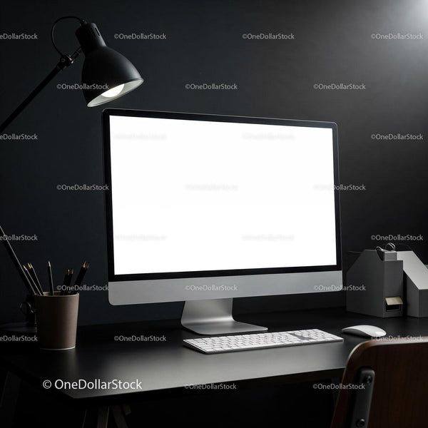 Minimalistic workspace with modern computer and desk lamp JPG Mockup Image