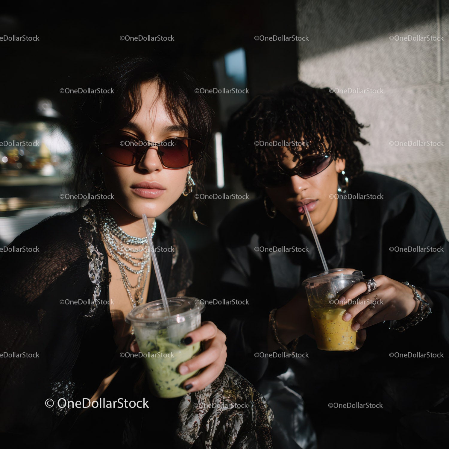 Stylish Women with Drinks in Urban Nightlife Setting