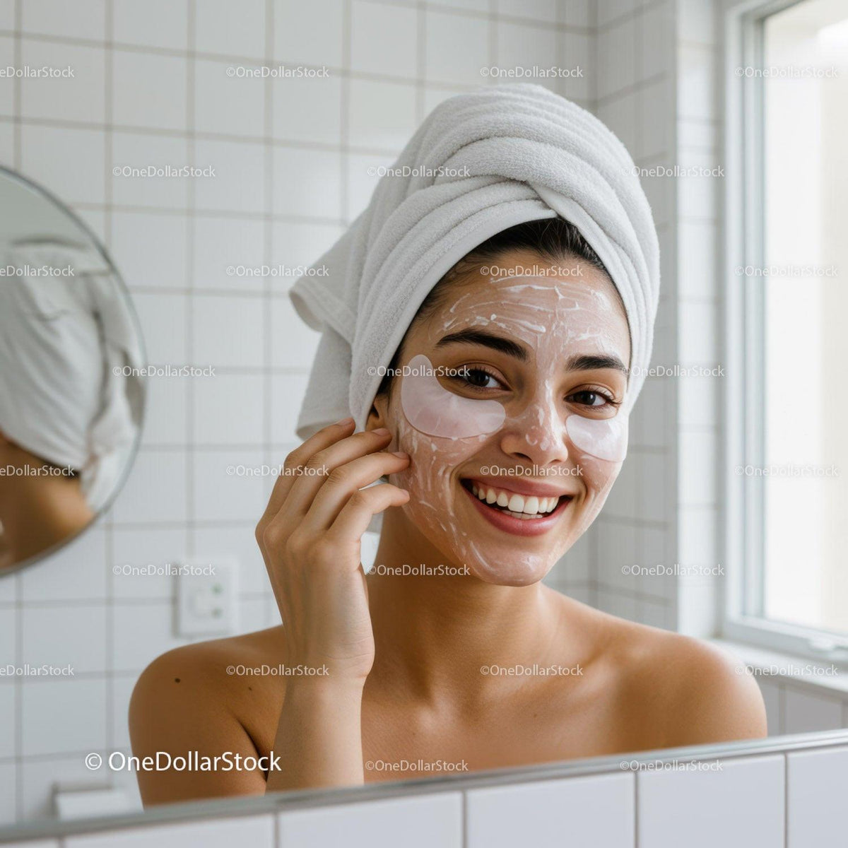 Smiling woman with facial mask and eye patches at home