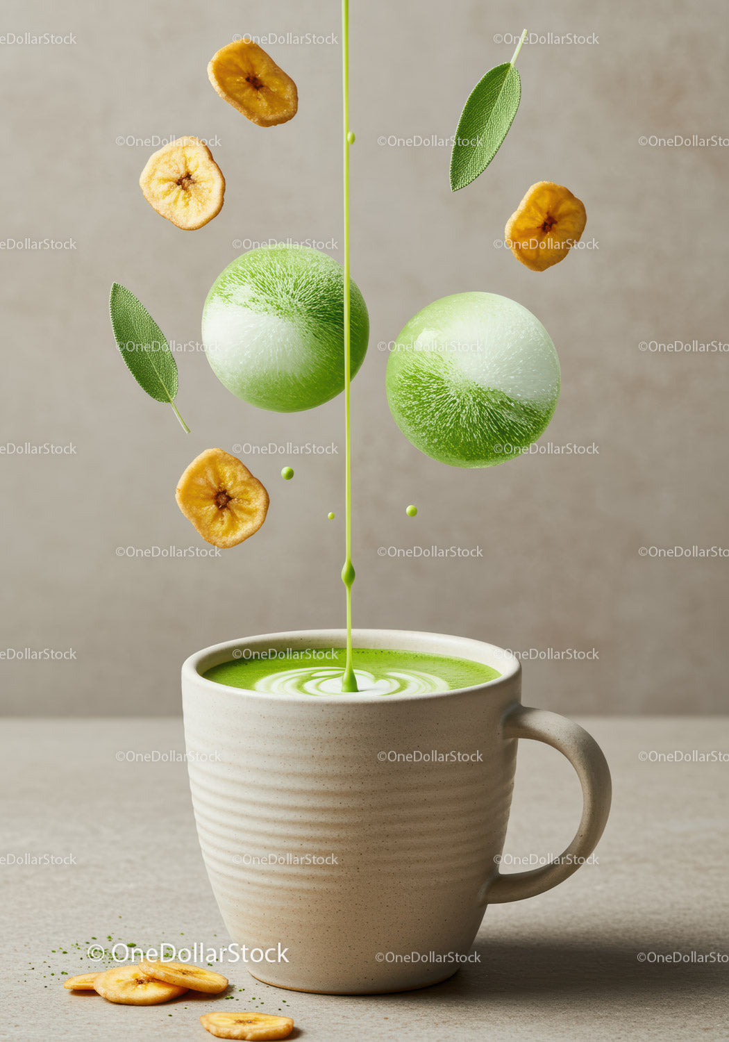 Green Matcha Latte with Floating Kiwi and Banana Chips