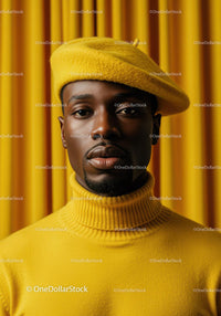 Stylish man wearing yellow beret and turtleneck sweater