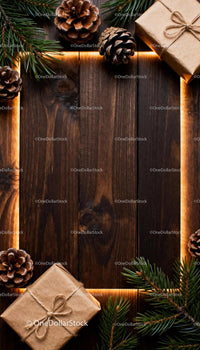 Rustic Christmas gifts with pinecones and fir branches JPG Mockup Image preview