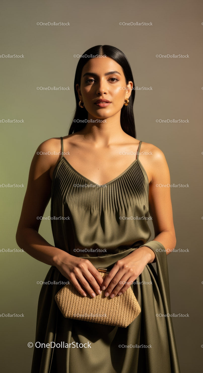 Elegant Fashion Model in Satin Dress with Gold Jewelry