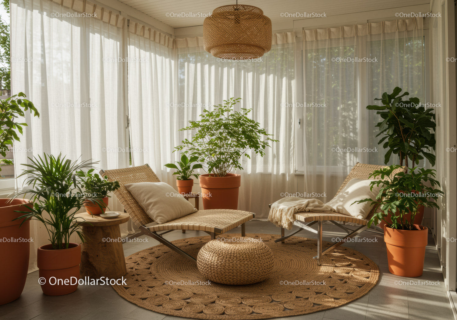 Cozy Sunlit Corner with Woven Chairs and Green Plants
