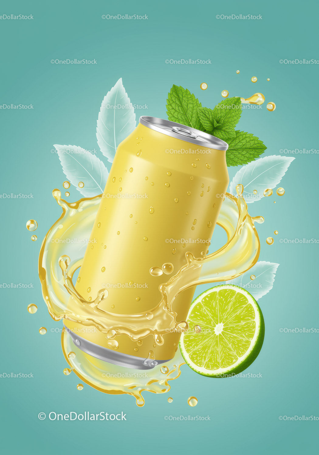 Yellow Can with Lime and Refreshing Splash on Blue Background