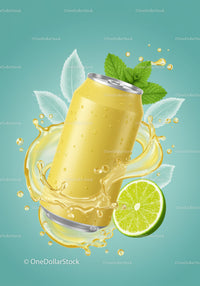 Yellow Can with Lime and Refreshing Splash on Blue Background