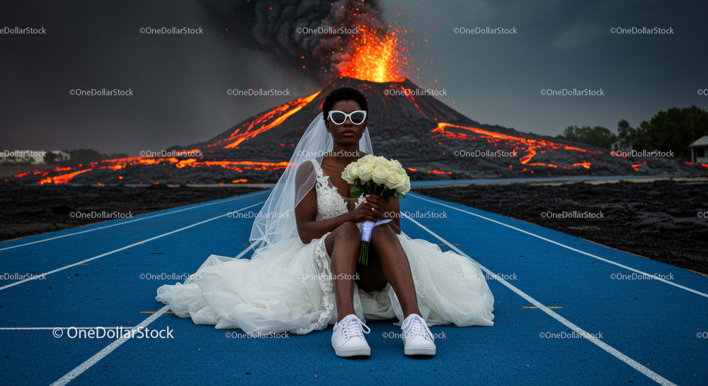 Bride in Wedding Dress Amidst Erupting Volcano