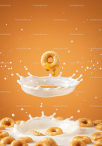 Honey Dripping Cereal Ring Splashing in Milk Bowl