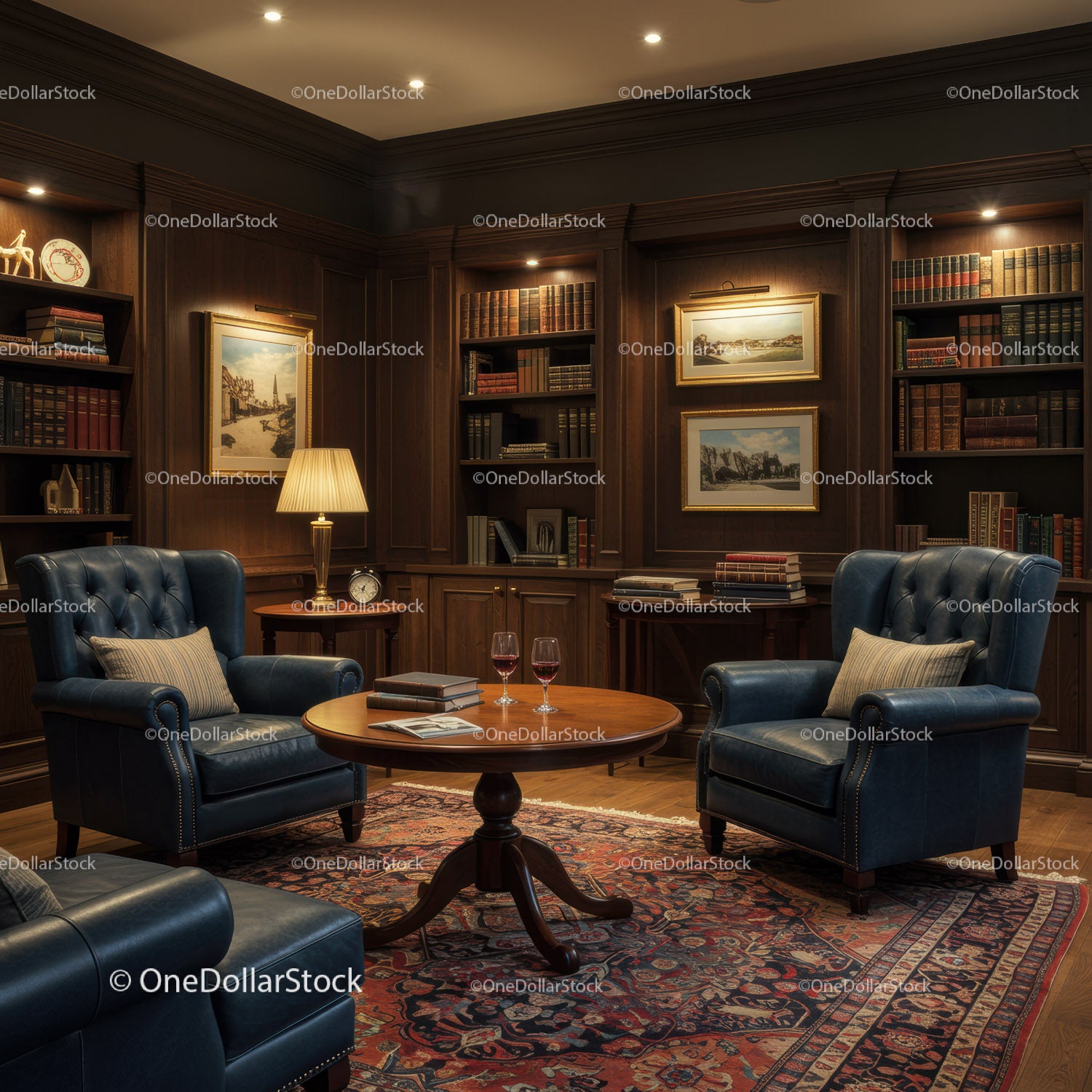 Cozy leather armchairs and wooden bookshelves in classic library