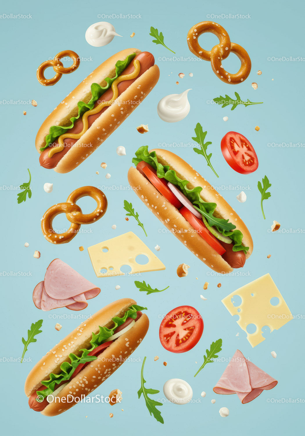 Fresh hot dogs with assorted toppings on blue background