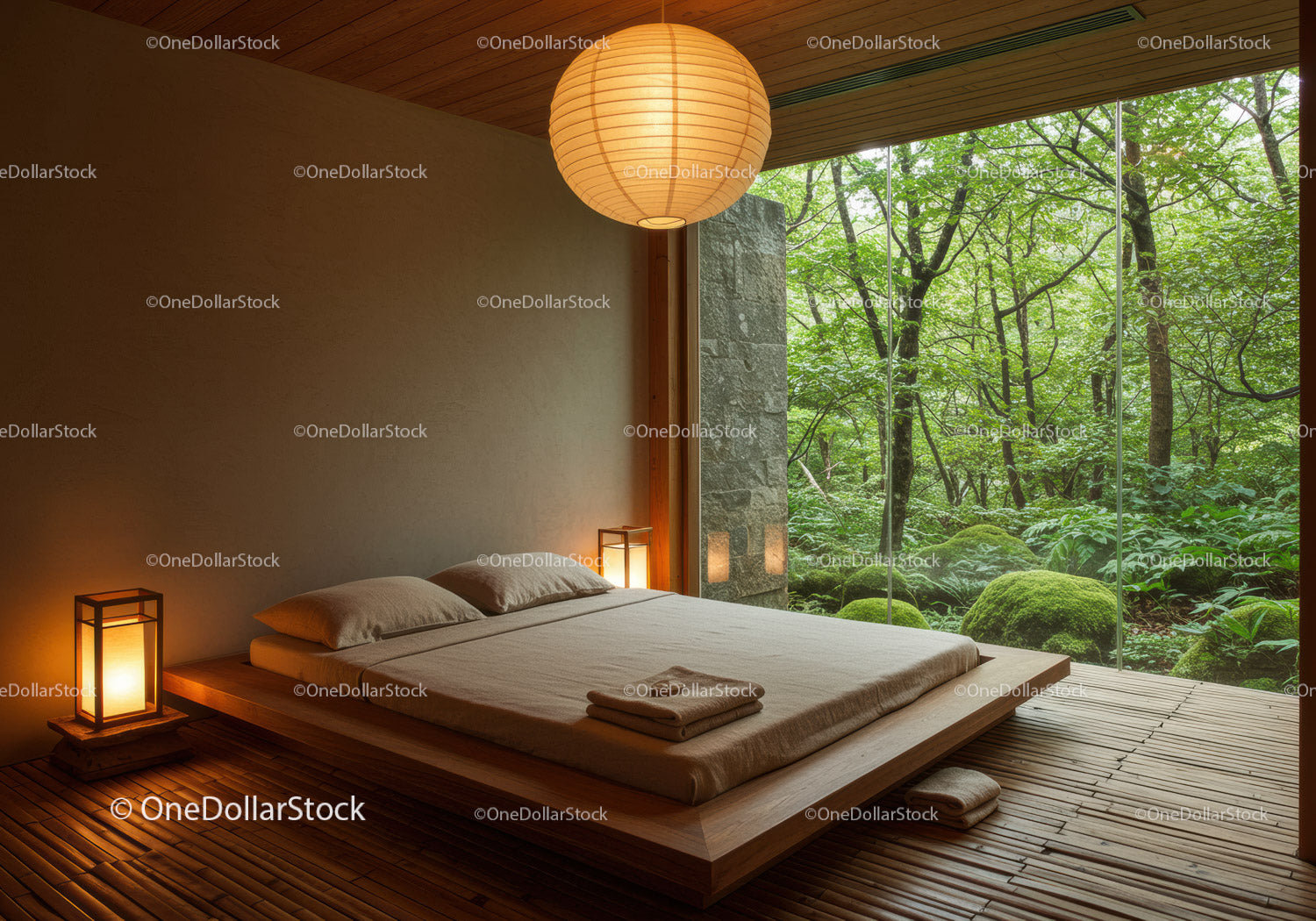 Minimalist bedroom with view of lush green forest