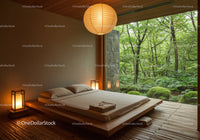 Minimalist bedroom with view of lush green forest