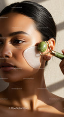 Young Woman Using Jade Roller for Facial Skin Rejuvenation and Glow