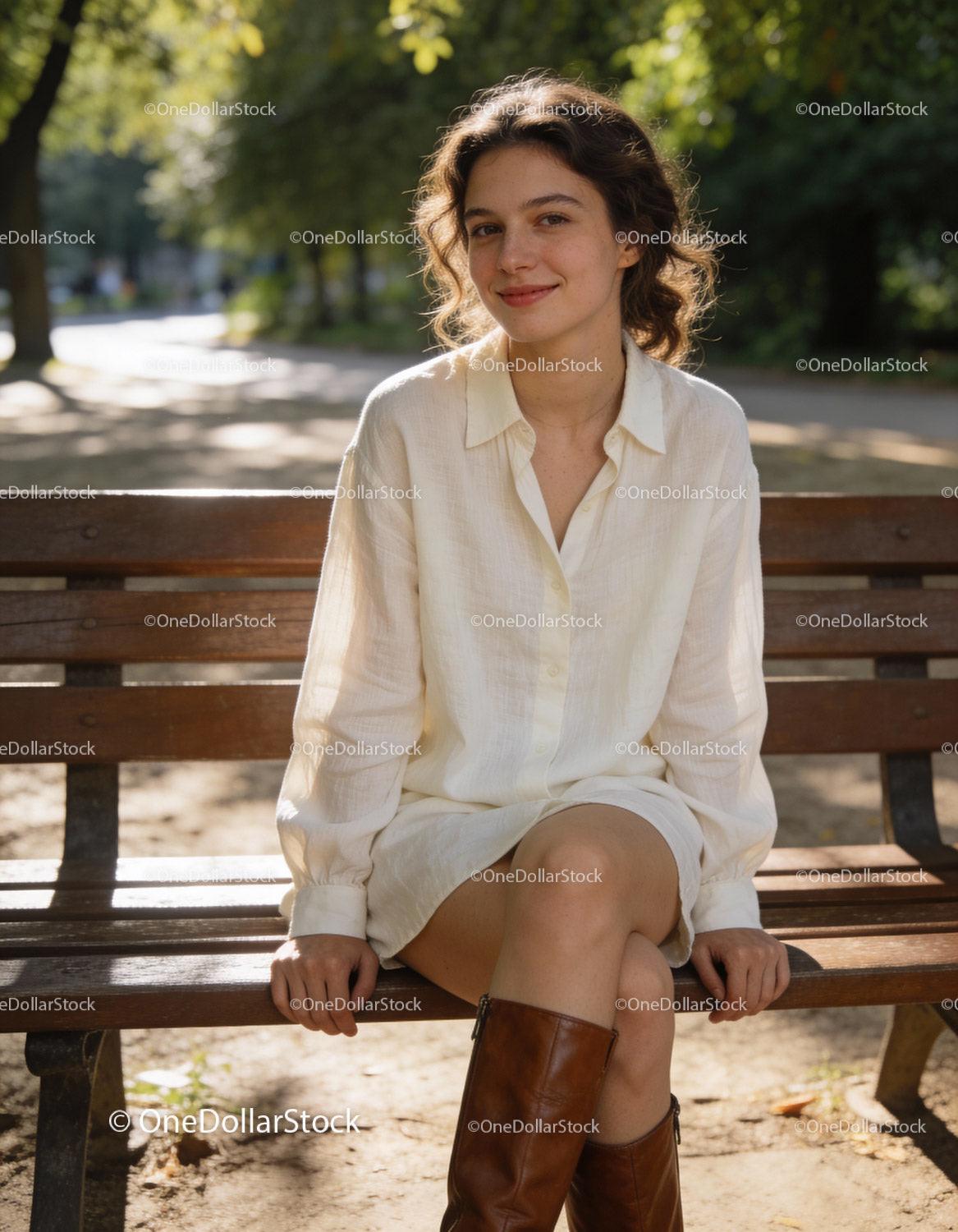 Young woman smiling on bench in sunlit park