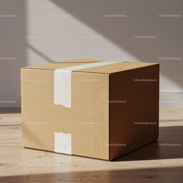 Sealed cardboard box on wooden floor with sunlight JPG Mockup Image