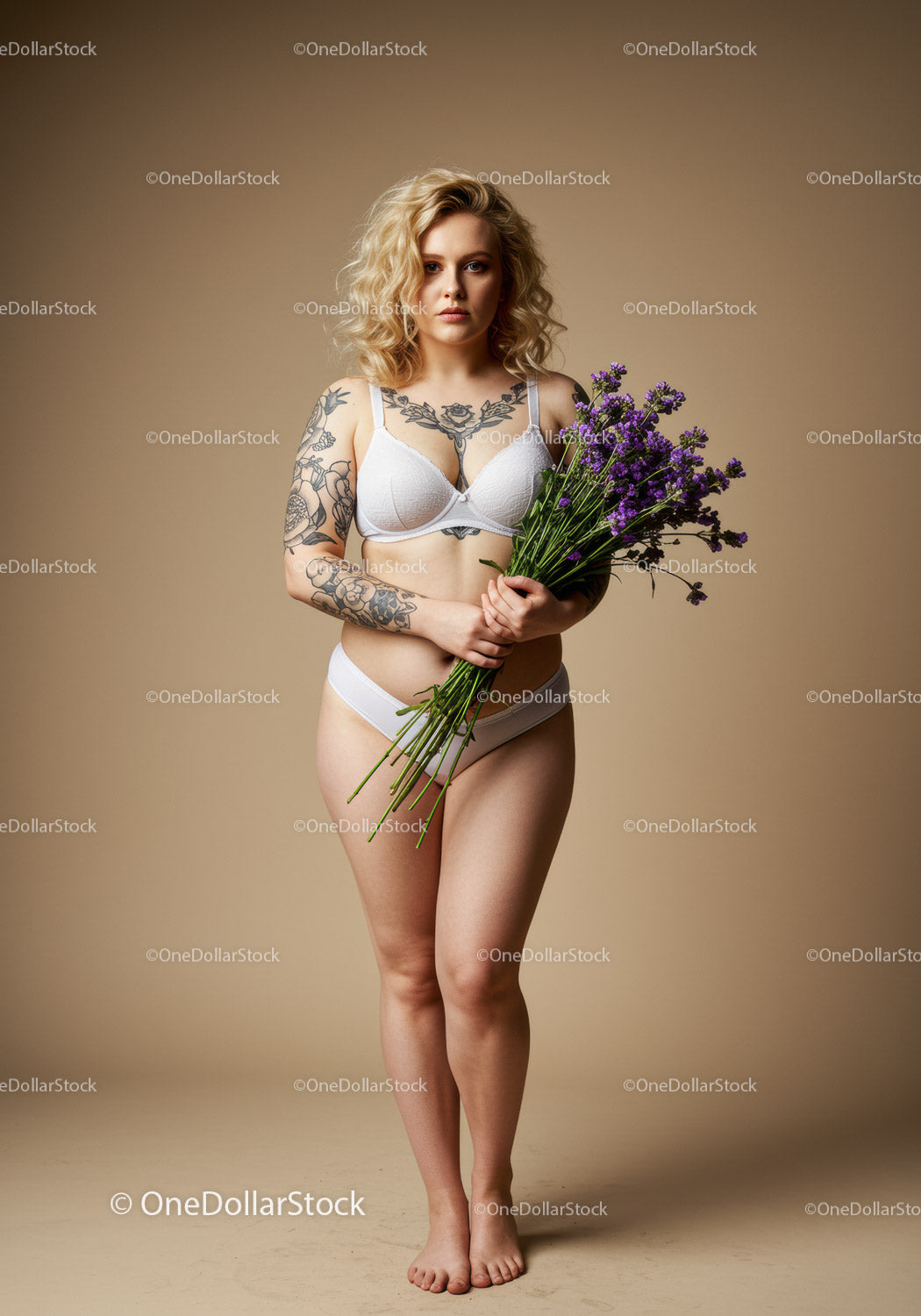 Portrait of a Woman with Tattoos Holding Lavender and Flowers