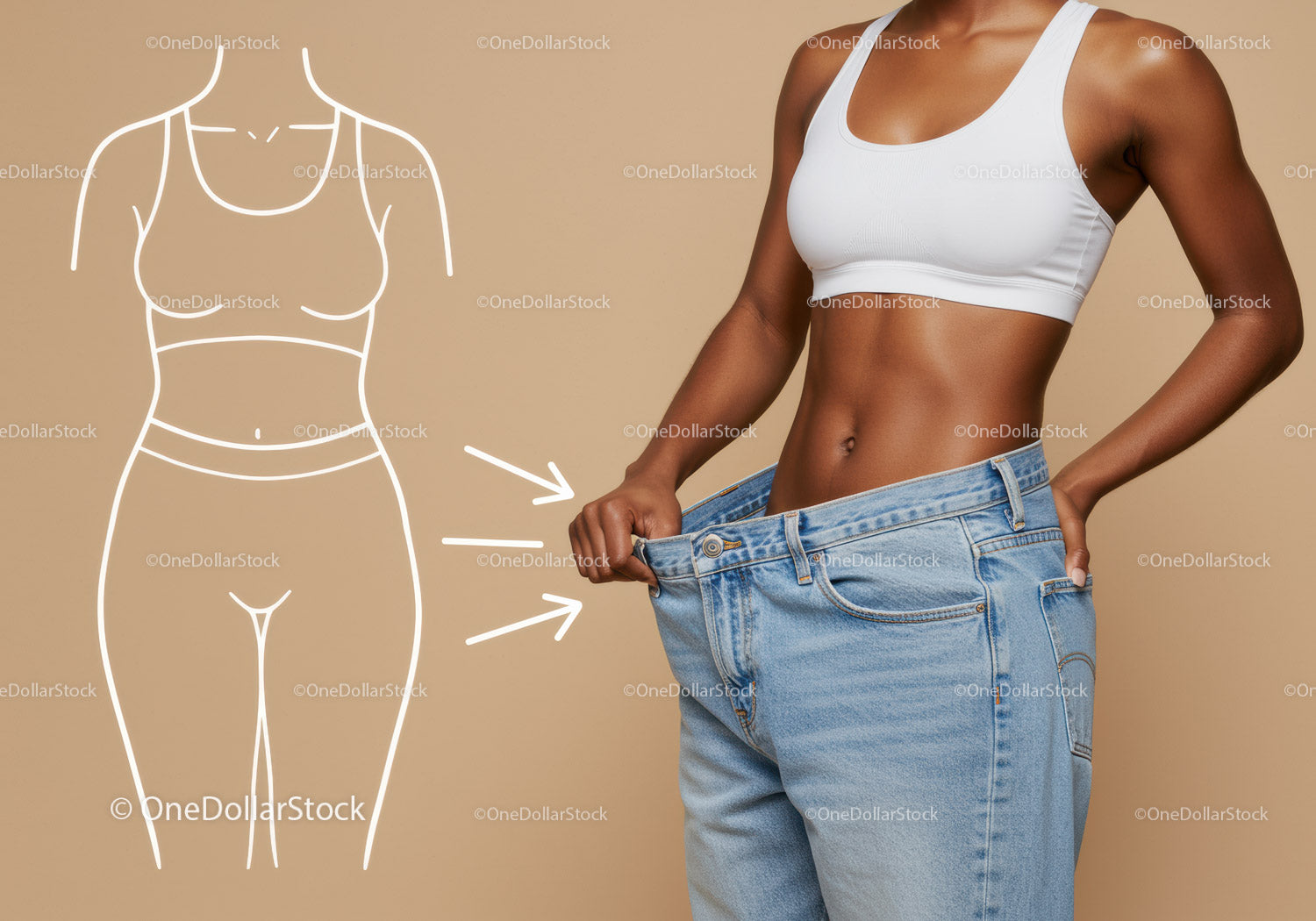 Woman in White Sports Bra Holding Baggy Jeans for Body Size Comparison